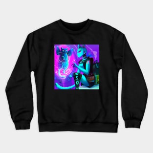 Blue Techno Future Cat Floats While He Talks to a Cyberpunk Girl Crewneck Sweatshirt